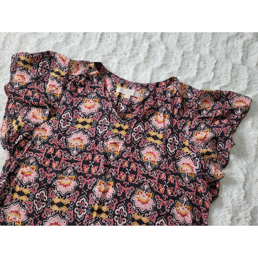 LOFT Boho Medallion Flutter Sleeve Top Small Multicolored V-Neck Blouse
